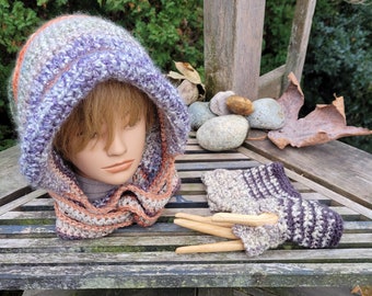 chunky deep hood with attached scarf, includes wrist warmers (fingerless mittens).