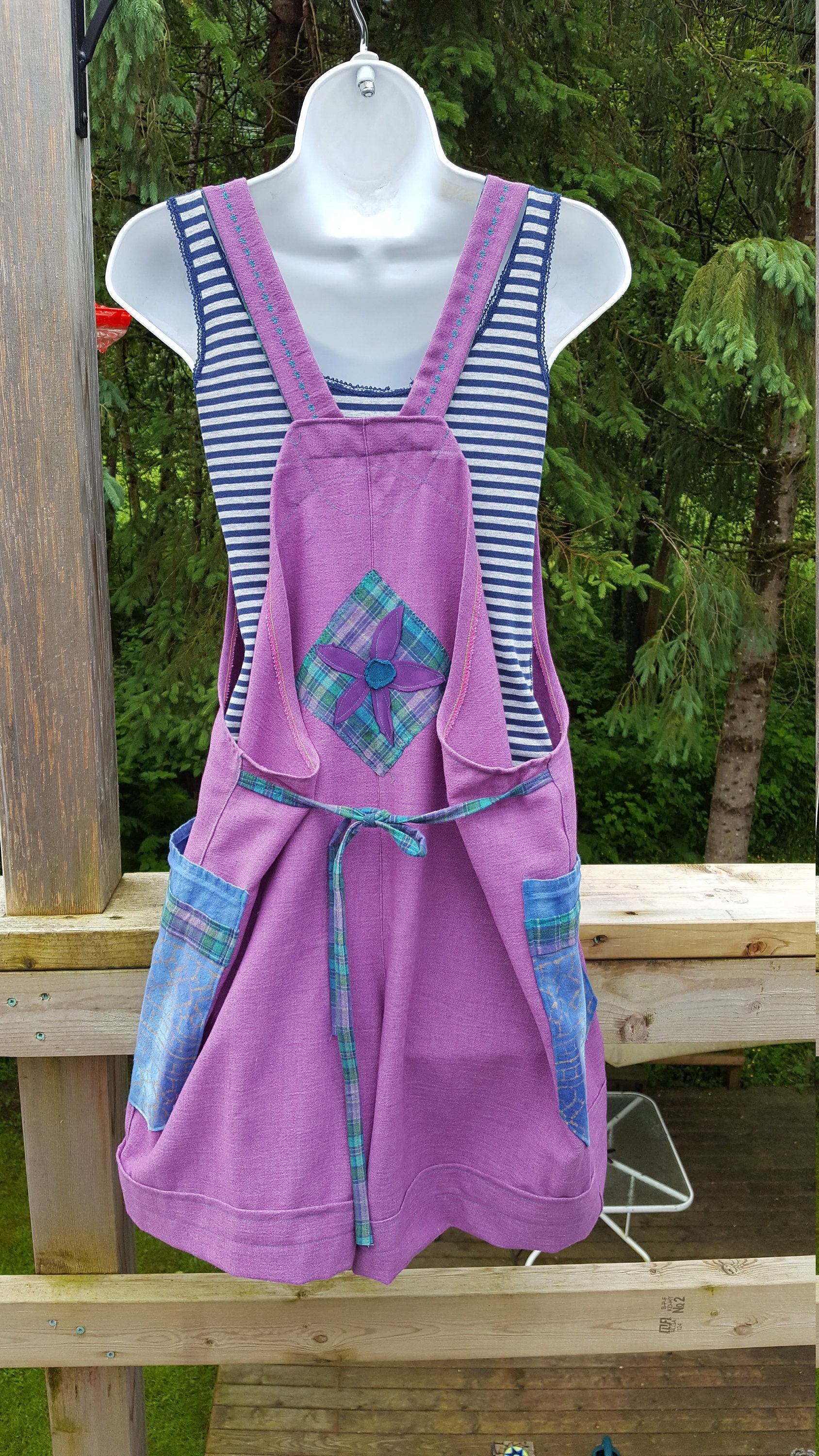 Dungaree romper shorts using reclaimed cotton fabrics. Each Etsy