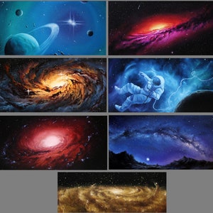 May include: A collection of six space-themed paintings featuring galaxies, planets, and an astronaut. The paintings are done in a realistic style with vibrant colors and intricate details.