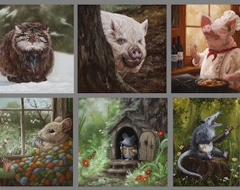 2x4-4x4" Magnet Cute Silly Animals Fantasy Fairytale Forest Creatures Art Print Refrigerator Square Magnet Stocking Stuffers