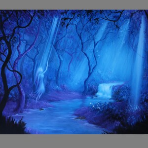 May include: A fantasy landscape painting depicting a serene forest scene. The artwork features a flowing river, a small waterfall, and ethereal figures, all bathed in a cool blue light. The trees and foliage are rendered in shades of blue and purple.