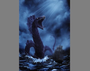 May include: A dark purple sea monster with a large mouth and sharp teeth emerges from the ocean, its head and neck rising above the waves. A small ship is in the distance, dwarfed by the creature's size. The scene is set against a stormy sky with dark clouds and a beam of light shining down.
