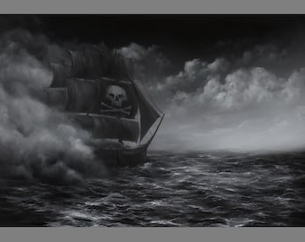 Art PRINT - Pirate Ship Black and White Ocean Cloudy Sea Sailing Ship of Sail Seascape Wall Art - Choose Size 4x6" 5x7" 8x10" 12x16" PRINTS