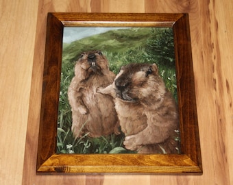 8x10" Original Oil Painting - Groundhog Bros Wildlife Prairie Wild Animal Pet Portrait Scenery - Small Wall Art