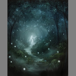 Art PRINT - Enchanted Dark Forest River Spirit Ghost Girl Fireflies - Fantasy Landscape Wall Art - Choose Size 4x6&quot; 5x7&quot; 8x10&quot; 12x16&quot; PRINTS