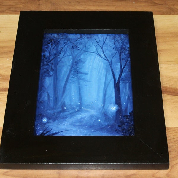 5x7" Original Mini Oil Painting Flat Panel - Blue Woods Forest Path Twinkling Ghost Fairy Lights Fireflies Landscape Scenery- Small Wall Art