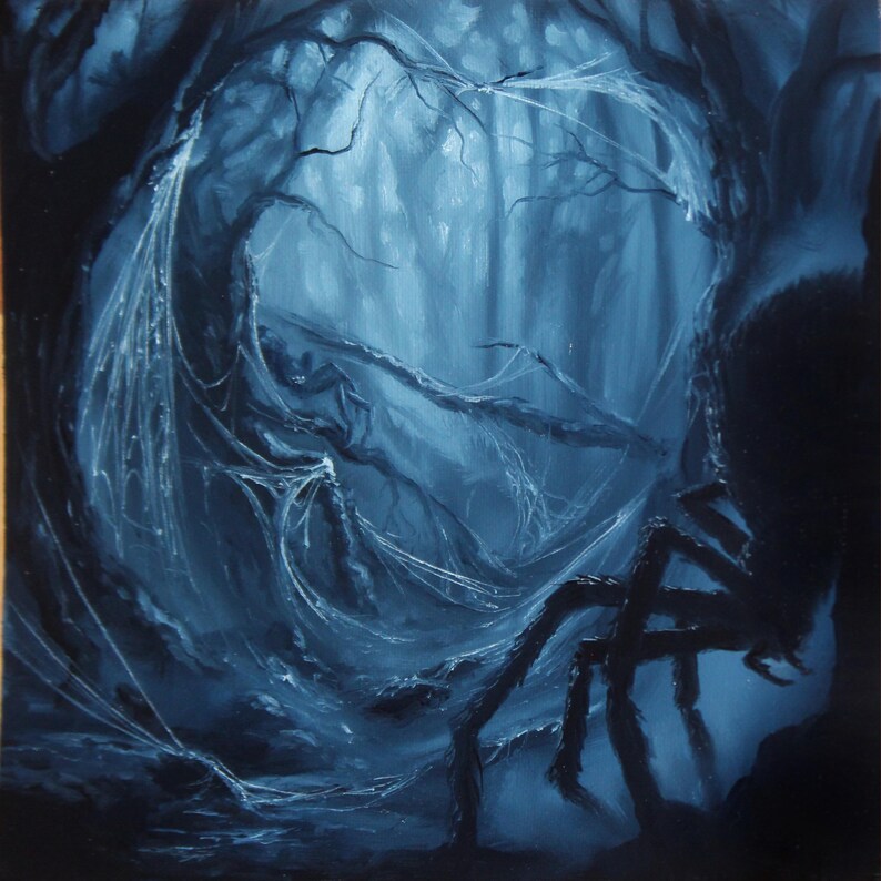 May include: A dark blue oil painting depicting a dense forest scene with a large, silhouetted spider in the foreground. The composition features intricate, light-colored spiderwebs draped across twisted tree branches, creating a deep, moody atmosphere.