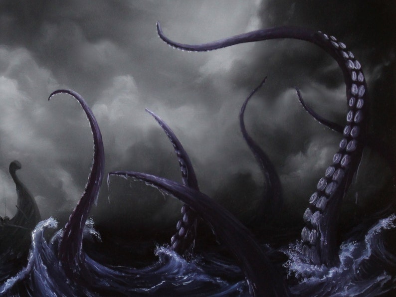 Art PRINT Viking Longboat Ship Lovecraftian Monster Horror Fantasy Ocean Storm Wall Art Choose Size 4x6 5x7 8x10 12x16 PRINTS image 8