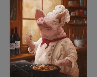 Art PRINT - Pig Chef Cooking Fantasy Farm Animal Wall Art - Choose Size 8x8", 10x10" 12x12" PRINTS