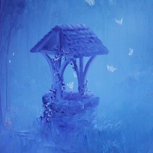 Konsttryck - Blå månbelysta förtrollade skogsfjärilar Hemlig brunn - Fantasilandskapsväggkonst - Välj storlek 10x15 cm 13x18 cm 20x25 cm 30x43 cm TRYCK bild 7