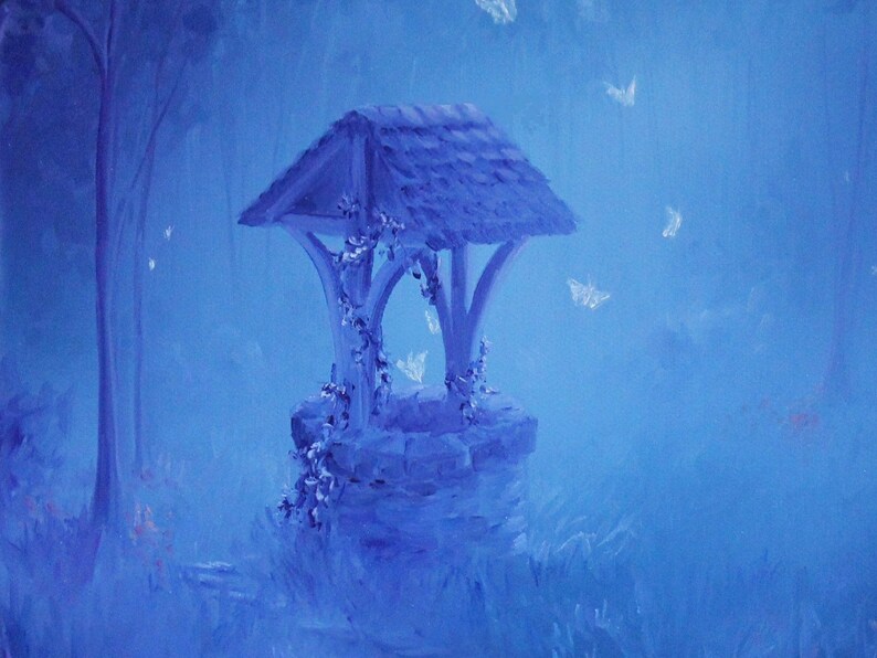 Konsttryck - Blå månbelysta förtrollade skogsfjärilar Hemlig brunn - Fantasilandskapsväggkonst - Välj storlek 10x15 cm 13x18 cm 20x25 cm 30x43 cm TRYCK bild 7