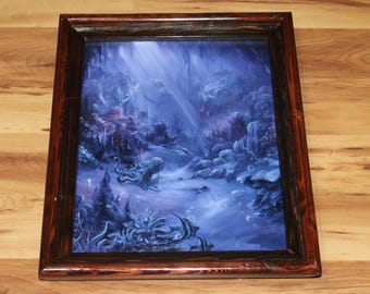11x14" Original Oil Painting - Underwater Cave Diving Divers Snorkeling Octopus Fish Sea Ocean Dark Art Purple Blue - Seascape Wall Art