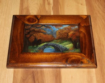 4x6" Original Mini Oil Painting Flat Panel - Bridge Crossing River Horse Autumn Forest Landscape - Small Canvas Wall Art