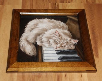 8x8" Original Mini Oil Painting Flat Panel - Cat Sleeping on Piano Sleepy Kitty Pet Portrait Animal - Small Wall Art
