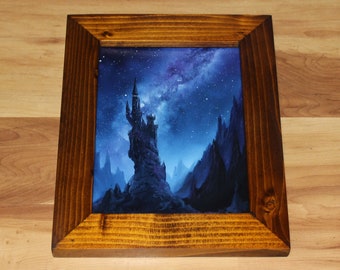 6x8" Original Oil Painting - Enchanted Castle Towers Milky Way Galaxy Starry Night Fantasy Landscape Scenery Art - Small Canvas Wall Art