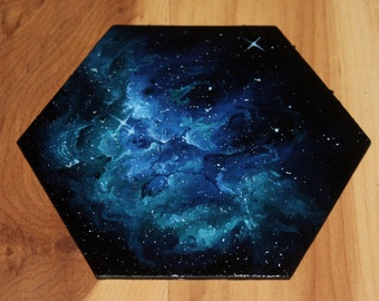 5-6" Original Mini Oil Painting Hexagon Flat Panel - Blue Green Nebula Galaxy Outer Space Stars Starry Spacescape - Small Canvas Wall Art