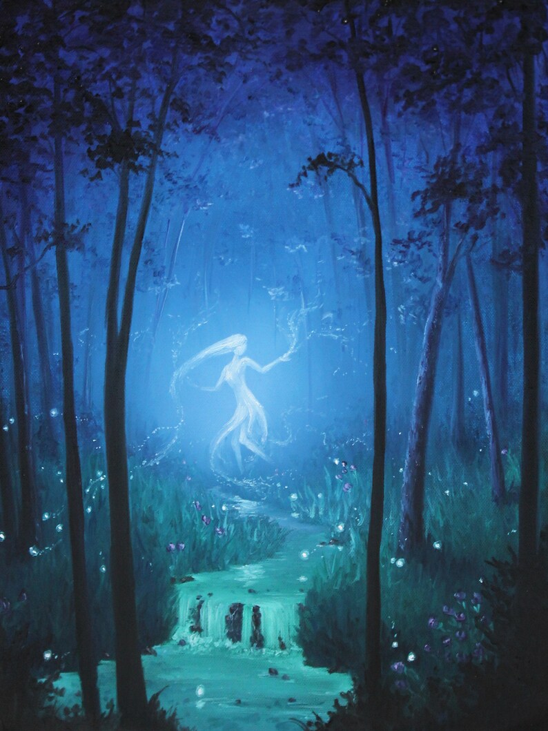 Art PRINT Enchanted Dark Forest Spirit Ghost Girl Will o the | Etsy