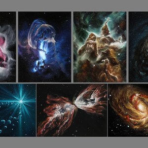 May include: A collection of eight paintings depicting various celestial objects, including nebulae, galaxies, and stars. The paintings are rendered in a realistic style with vibrant colors and intricate details.