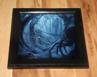 8x8" Original Mini Oil Painting Flat Panel - Spooky Spider Forest Horror Pet Portrait Animal - Small Wall Art