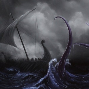 Art PRINT Viking Longboat Ship Lovecraftian Monster Horror Fantasy Ocean Storm Wall Art Choose Size 4x6 5x7 8x10 12x16 PRINTS image 7