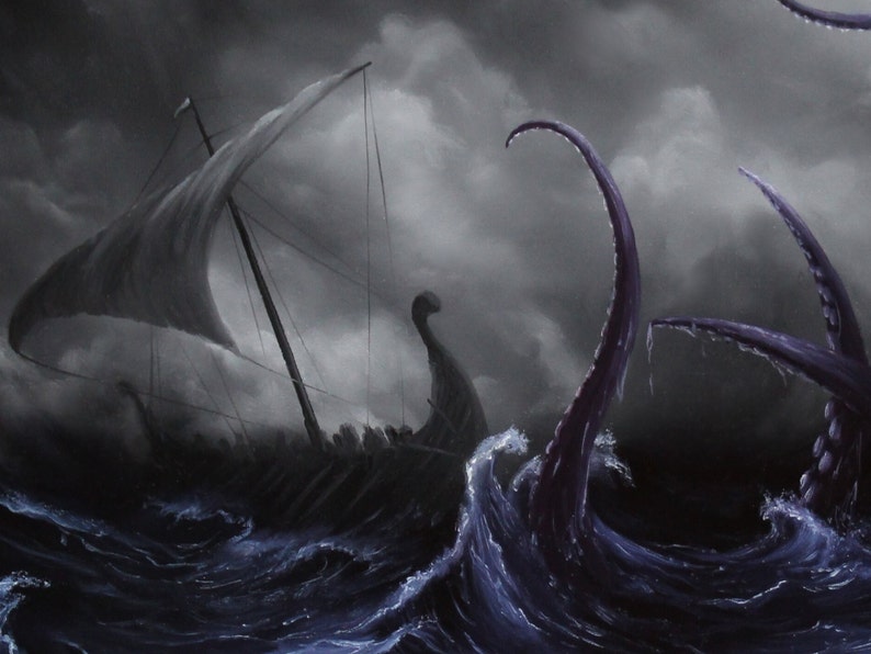 Art PRINT Viking Longboat Ship Lovecraftian Monster Horror Fantasy Ocean Storm Wall Art Choose Size 4x6 5x7 8x10 12x16 PRINTS image 7