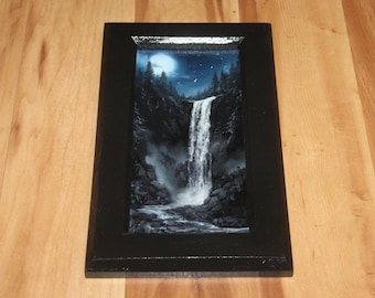 4x8" Original Mini Oil Painting Flat Panel - Full Moon Falls Waterfall Night Evening Landscape - Wall Art