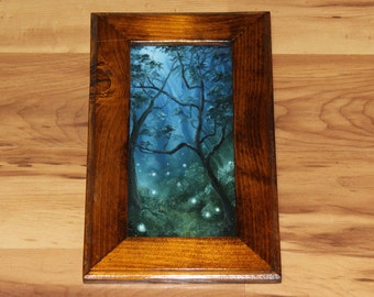 4x8" Original Mini Ölgemälde Flachbildschirm - Glühwürmchen Wald Hohe Bäume Wald Blau Grün Blumen Landschaft Landschaft - Wandkunst
