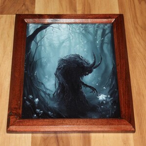 8x10" Original Oil Painting - Spooky Monster Evil Creature Shadow Forest Fantasy Landscape Scenery - Small Wall Art Framed (redbrown)
