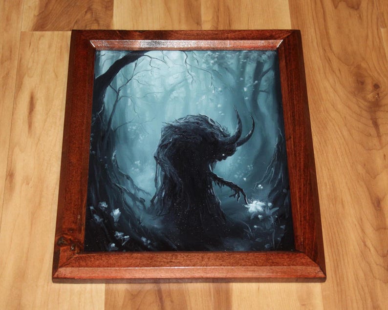8x10" Original Oil Painting - Spooky Monster Evil Creature Shadow Forest Fantasy Landscape Scenery - Small Wall Art Framed (redbrown)