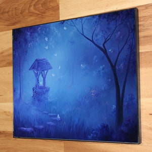 Konsttryck - Blå månbelysta förtrollade skogsfjärilar Hemlig brunn - Fantasilandskapsväggkonst - Välj storlek 10x15 cm 13x18 cm 20x25 cm 30x43 cm TRYCK bild 5