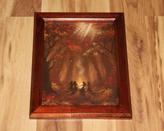 8x10" Original Oil Painting - Autumn Fire Dance Witches Women Fairytale Enchanted Forest Fantasy Scenery - Small Wall Art