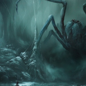 Puede incluir: Una escena de bosque oscuro y brumoso con una gran ara&ntilde;a amenazante que se cierne sobre una figura solitaria con una espada. La ara&ntilde;a tiene patas largas y delgadas y un cuerpo oscuro segmentado.