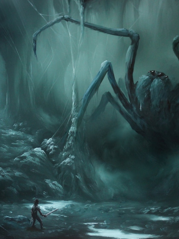 スパイダー・ホラーアート A4サイズ Art PRINT - Green Cave Giant Spider Monster Fight Horror Macabre
