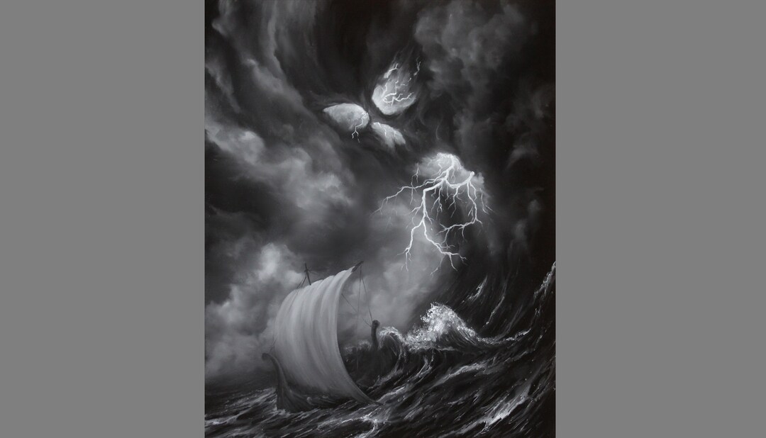 Art PRINT - Skull Storm Lightning Viking Longboat Ship