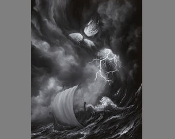 Art PRINT - Skull Storm Lightning Viking Longboat Ship