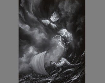 Art PRINT - Skull Storm Lightning Viking Longboat Ship Lovecraftian Horror Fantasy Ocean Storm Wall Art - Choose Size 4x6" to 12x16" PRINTS