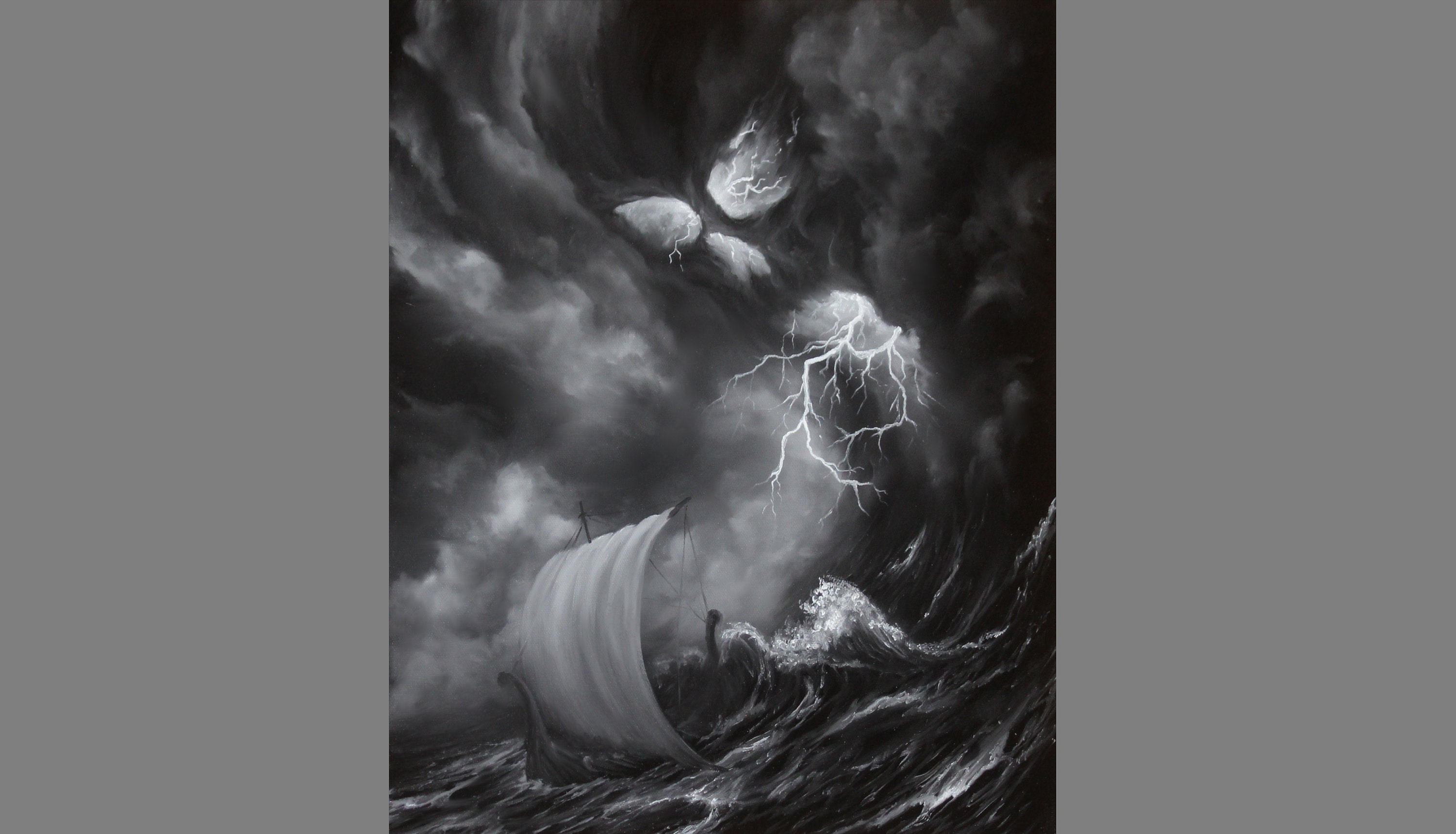 Art PRINT - Skull Storm Lightning Viking Longboat Ship