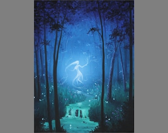 Art PRINT - Enchanted Dark Forest Spirit Ghost Girl Will o the Wisp - Fantasy Landscape Wall Art - Choose Size 4x6" 5x7" 8x10" 12x16" PRINTS
