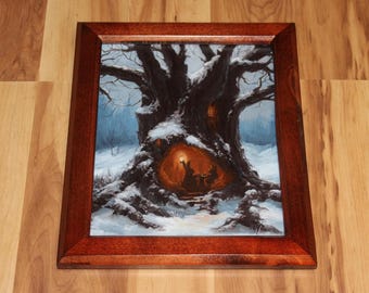 8x10" Original Oil Painting - Cozy Winter Bunny Rabbits Tree Fairytale Enchanted Forest Fantasy Scenery - Small Wall Art