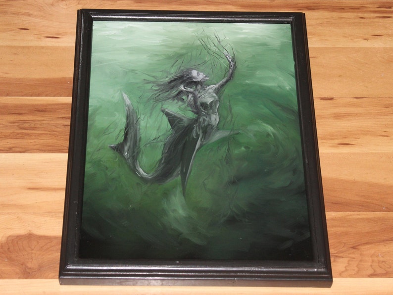 12x16 Original Oil Painting  Shark Mermaid Girl Framed