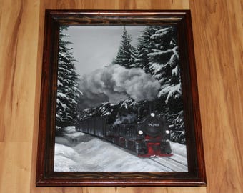 12x16" Original Oil Painting - Snowy Train Winter Snow Red Black White Steam Engine Evergreen Forest Landscape Scenery - Wall Art