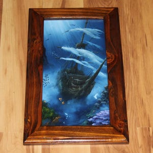 6x12&quot; Original Mini Oil Painting Flat Panel - Sunken Ship Ocean Sea Fish Nautical Underwater Seascape Scenery - Small Wall Art