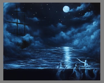 Kunstdruck - Mitternacht Meerjungfrauen Sirenen dunkelblau nebligen Nacht Schiff Segeln Ozean - Fantasy Wandkunst - wählen Sie Größe 4x6 "5x7" 8x10" 12x16" DRUCK