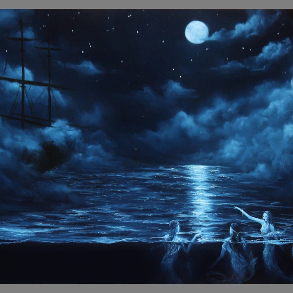 Art PRINT - Midnight Mermaids Sirens Dark Blue Foggy Night Ship Sailing Ocean - Fantasy Wall Art - Choose Size 4x6" 5x7" 8x10" 12x16" PRINTS