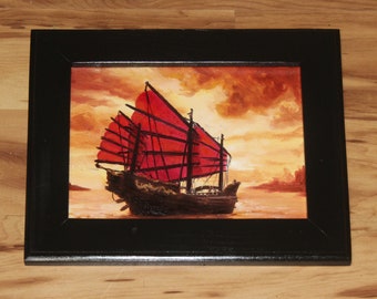 6x8" Original Oil Painting - Chinese Sailing Ship Evening Clouds Waves Asian Boat Junk Sails Seascape Scenery Art - Small Canvas Wall Art