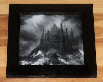 8x8" Original Mini Oil Painting - Black and White Enchanted Castle Snowy Landscape Horror Gothic Fantasy Scenery - Small Canvas Wall Art