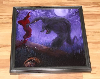 20x20" Original Oil Painting - Werewolf Wolf Red Riding Hood Evil Monster Full Moon Forest Dark Fairytale Art - Fantasy Landscape Wall Art