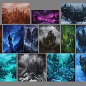 May include: A collection of 12 digital paintings depicting a dark, gothic castle in various settings. The castle is shown in different weather conditions, including snow, rain, and fog. The paintings are all in a dark and moody style.