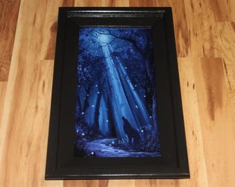10x20" Original Oil Painting - Wolf Howling at Moon Blue Purple Midnight Moonlight Night Fireflies Forest Landscape - Wall Art