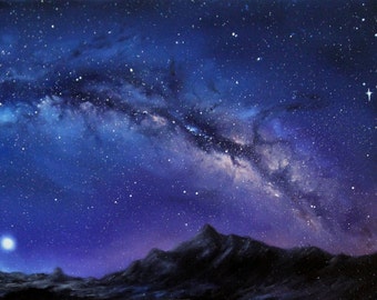Art PRINT - Blue Milky Way Galaxy Mountains Moon Landscape